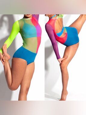The Line Up Neon Colorblock Mesh Contemporary Jazz Acro Dance Costume Child 8
